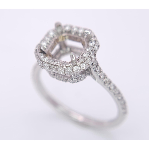 158 - AN 18K WHITE GOLD DIAMOND SET HALO MOUNT RING - WITH DIAMOND SET SHOULDERS AND FULL DIAMOND SET COLL... 