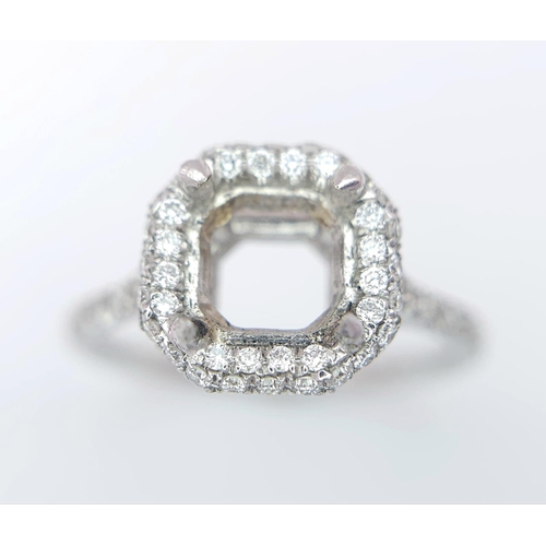 158 - AN 18K WHITE GOLD DIAMOND SET HALO MOUNT RING - WITH DIAMOND SET SHOULDERS AND FULL DIAMOND SET COLL... 