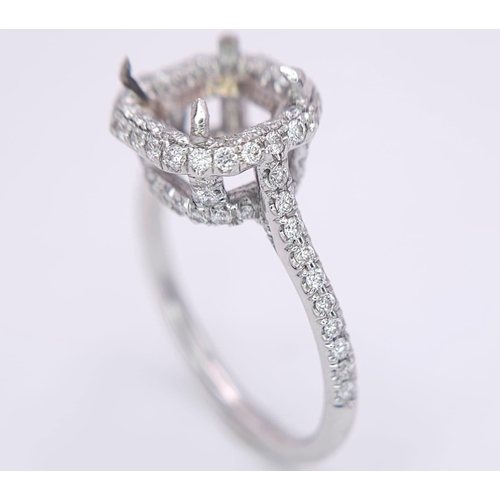 158 - AN 18K WHITE GOLD DIAMOND SET HALO MOUNT RING - WITH DIAMOND SET SHOULDERS AND FULL DIAMOND SET COLL... 