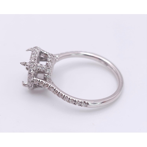 158 - AN 18K WHITE GOLD DIAMOND SET HALO MOUNT RING - WITH DIAMOND SET SHOULDERS AND FULL DIAMOND SET COLL... 