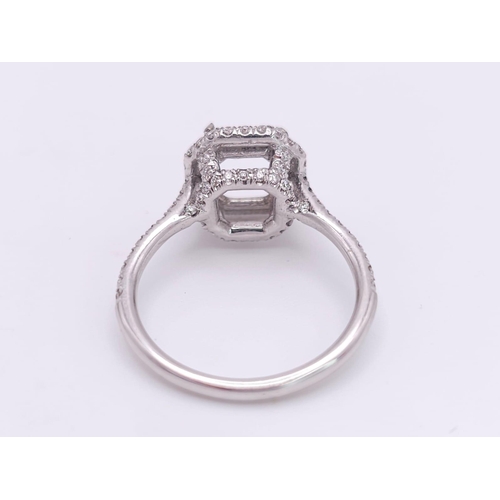 158 - AN 18K WHITE GOLD DIAMOND SET HALO MOUNT RING - WITH DIAMOND SET SHOULDERS AND FULL DIAMOND SET COLL... 