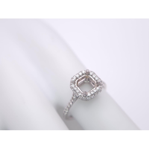 158 - AN 18K WHITE GOLD DIAMOND SET HALO MOUNT RING - WITH DIAMOND SET SHOULDERS AND FULL DIAMOND SET COLL... 