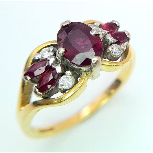 198 - AN 18K YELLOW GOLD FANCY DIAMOND & THAI RUBY RING. 5.1G. SIZE M.