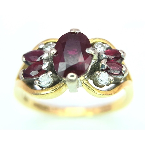 198 - AN 18K YELLOW GOLD FANCY DIAMOND & THAI RUBY RING. 5.1G. SIZE M.