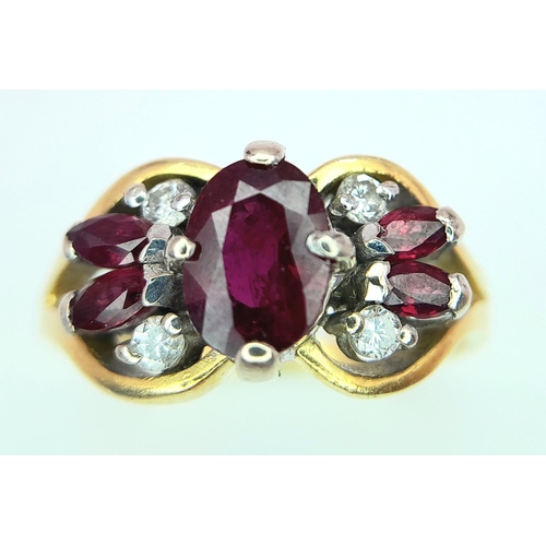 198 - AN 18K YELLOW GOLD FANCY DIAMOND & THAI RUBY RING. 5.1G. SIZE M.