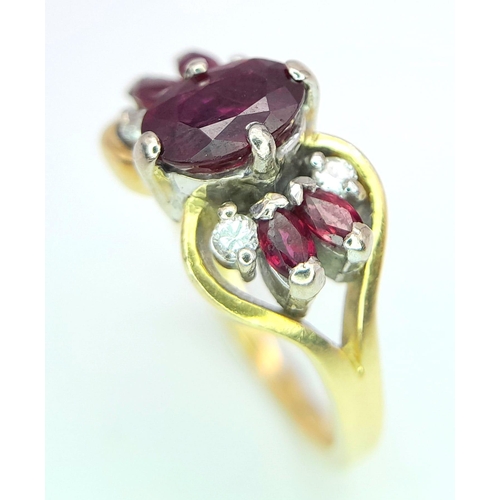 198 - AN 18K YELLOW GOLD FANCY DIAMOND & THAI RUBY RING. 5.1G. SIZE M.