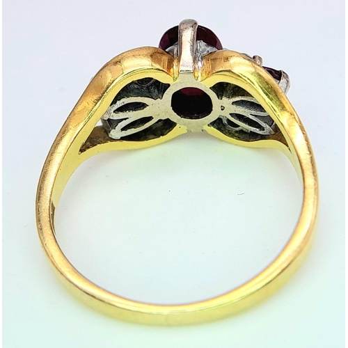 198 - AN 18K YELLOW GOLD FANCY DIAMOND & THAI RUBY RING. 5.1G. SIZE M.