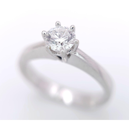 89 - AN 18K WHITE GOLD DIAMOND SOLITAIRE RING - 0.50CT. 6 CLAW SETTING. 3.9G. SIZE N