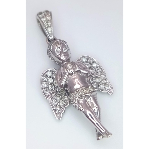 232 - A 9K White Gold Diamond Set Angel Pendant. 0.30ctw, 3.5cm length, 4g total weight. Ref: SC 7066