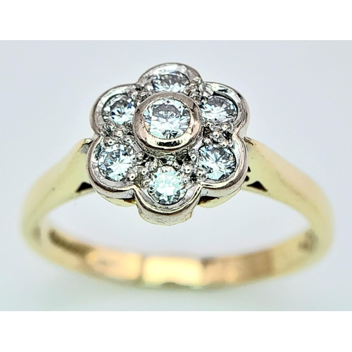 254 - AN 18K YELLOW GOLD DIAMOND FLOWER CLUSTER RING. 0.25CTW. 3.8G. SIZE M.