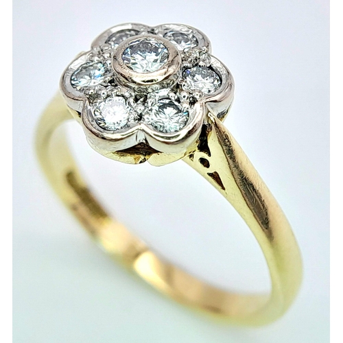 254 - AN 18K YELLOW GOLD DIAMOND FLOWER CLUSTER RING. 0.25CTW. 3.8G. SIZE M.