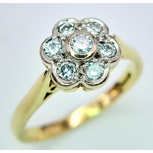 254 - AN 18K YELLOW GOLD DIAMOND FLOWER CLUSTER RING. 0.25CTW. 3.8G. SIZE M.