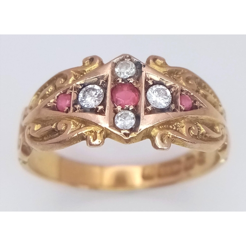 282 - AN ANTIQUE 15K YELLOW GOLD ANTIQUE DIAMOND & RUBY RING. 3G. SIZE L. HALLMARKED CHESTER 1904.