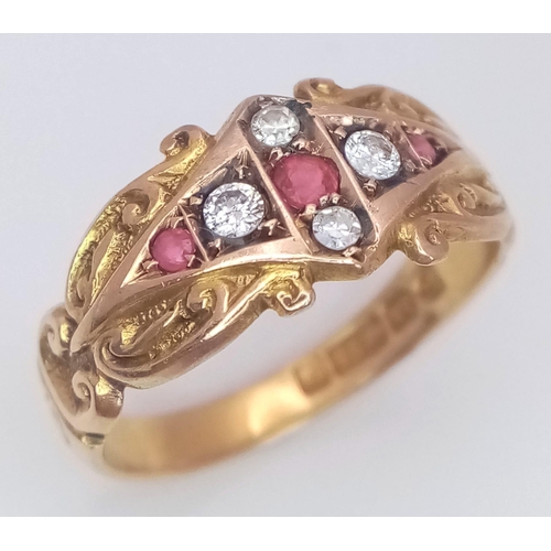 282 - AN ANTIQUE 15K YELLOW GOLD ANTIQUE DIAMOND & RUBY RING. 3G. SIZE L. HALLMARKED CHESTER 1904.