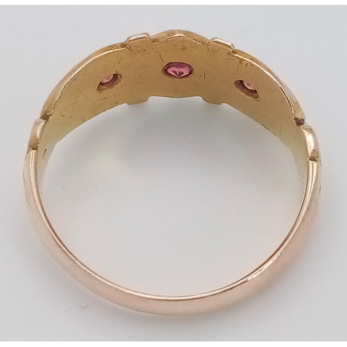 282 - AN ANTIQUE 15K YELLOW GOLD ANTIQUE DIAMOND & RUBY RING. 3G. SIZE L. HALLMARKED CHESTER 1904.