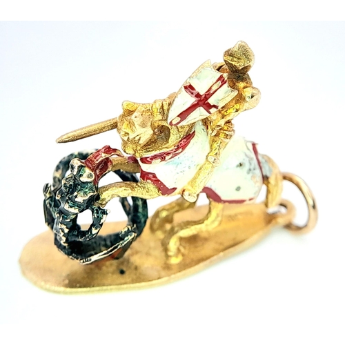 284 - A 9K YELLOW GOLD ENAMELLED ST GEORGE & DRAGON CHARM - AMAZING DETAIL! 4.6G