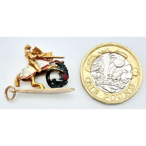 284 - A 9K YELLOW GOLD ENAMELLED ST GEORGE & DRAGON CHARM - AMAZING DETAIL! 4.6G