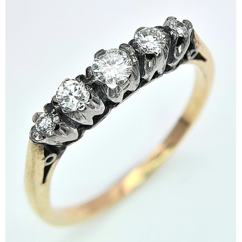 341 - AN 18K YELLOW GOLD & PLATINUM VINTAGE OLD CUT DIAMOND 5 STONE RING. 0.20CTW. 1.5G. SIZE J