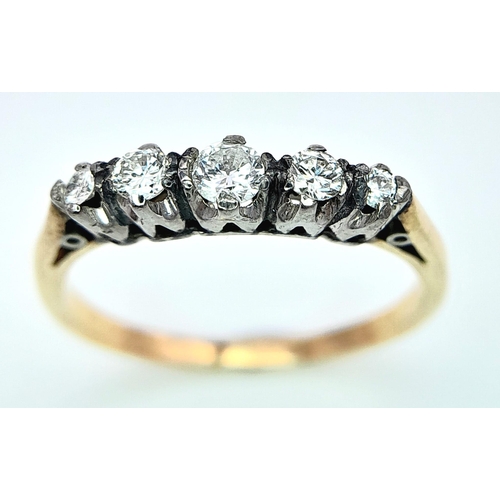 341 - AN 18K YELLOW GOLD & PLATINUM VINTAGE OLD CUT DIAMOND 5 STONE RING. 0.20CTW. 1.5G. SIZE J