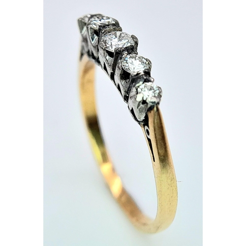 341 - AN 18K YELLOW GOLD & PLATINUM VINTAGE OLD CUT DIAMOND 5 STONE RING. 0.20CTW. 1.5G. SIZE J