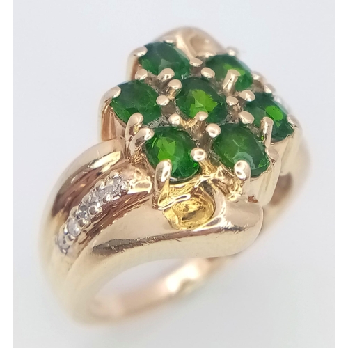 61 - A 14K Yellow Gold, Diamond and Green Stone Ring. Size M, 6.5g total weight. Ref: SC 7073