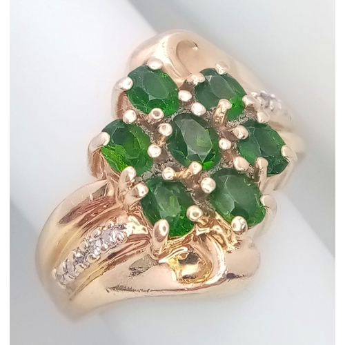 61 - A 14K Yellow Gold, Diamond and Green Stone Ring. Size M, 6.5g total weight. Ref: SC 7073