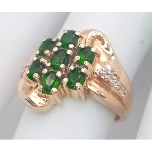 61 - A 14K Yellow Gold, Diamond and Green Stone Ring. Size M, 6.5g total weight. Ref: SC 7073