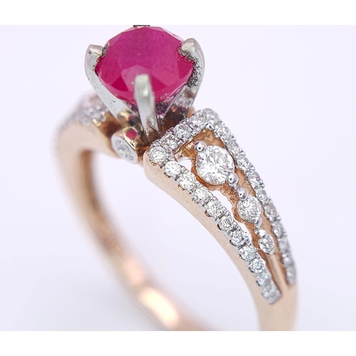 151 - A 14K YELLOW GOLD DIAMOND & RUBY RING. 0.40CT. 3.6G. SIZE N.