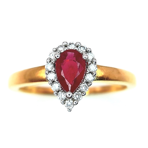 172 - AN 18K YELLOW GOLD DIAMOND & RUBY PEAR SHAPE RING. 0.50CT PEAR SHAPED RUBY WITH DIAMOND SURROUND. 3.... 