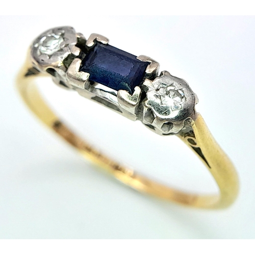 211 - An 18K Yellow God, Diamond and Sapphire 3 Stone Ring. Size Q, 2.8g total weight. Ref: SC 7075