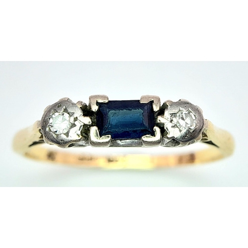 211 - An 18K Yellow God, Diamond and Sapphire 3 Stone Ring. Size Q, 2.8g total weight. Ref: SC 7075