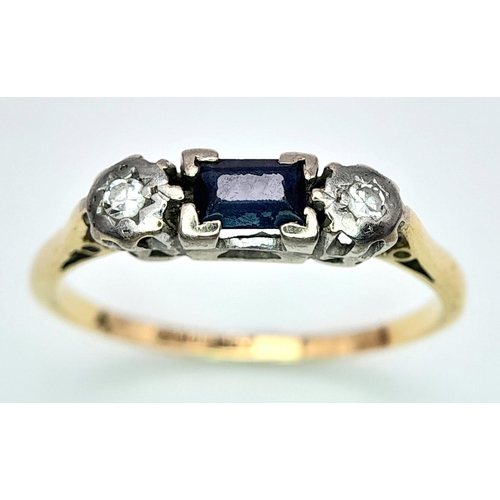 211 - An 18K Yellow God, Diamond and Sapphire 3 Stone Ring. Size Q, 2.8g total weight. Ref: SC 7075