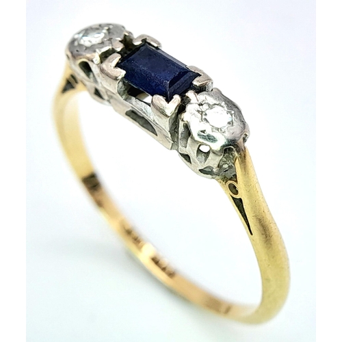 211 - An 18K Yellow God, Diamond and Sapphire 3 Stone Ring. Size Q, 2.8g total weight. Ref: SC 7075