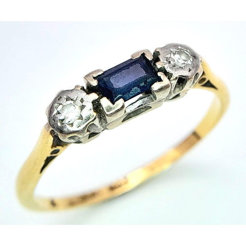 211 - An 18K Yellow God, Diamond and Sapphire 3 Stone Ring. Size Q, 2.8g total weight. Ref: SC 7075