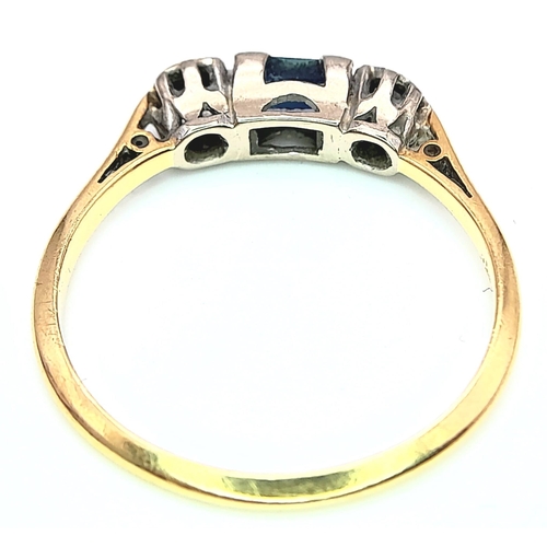 211 - An 18K Yellow God, Diamond and Sapphire 3 Stone Ring. Size Q, 2.8g total weight. Ref: SC 7075