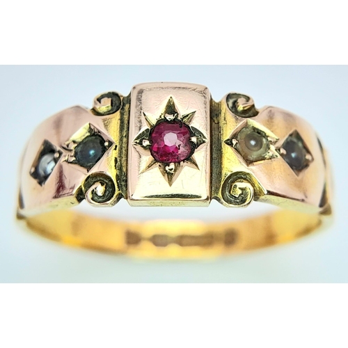 235 - AN ANTIQUE 15K YELLOW GOLD RUBY AND PEARL RING. 2.9G. SIZE O. HALLMARKED CHESTER EITHER 1851 0R 1896