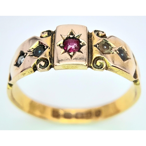 235 - AN ANTIQUE 15K YELLOW GOLD RUBY AND PEARL RING. 2.9G. SIZE O. HALLMARKED CHESTER EITHER 1851 0R 1896