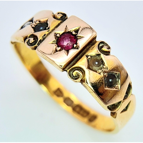 235 - AN ANTIQUE 15K YELLOW GOLD RUBY AND PEARL RING. 2.9G. SIZE O. HALLMARKED CHESTER EITHER 1851 0R 1896