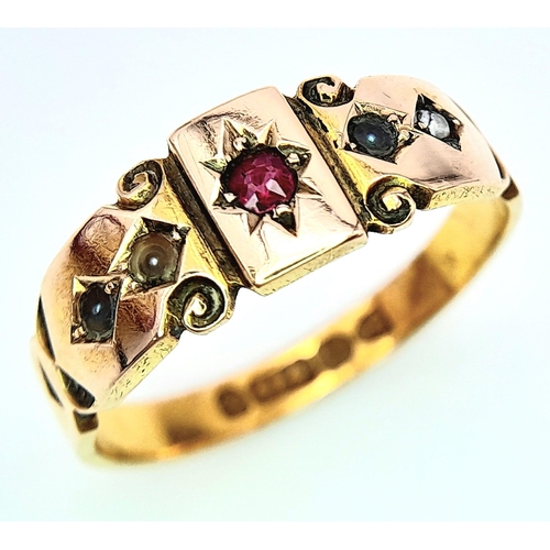 235 - AN ANTIQUE 15K YELLOW GOLD RUBY AND PEARL RING. 2.9G. SIZE O. HALLMARKED CHESTER EITHER 1851 0R 1896