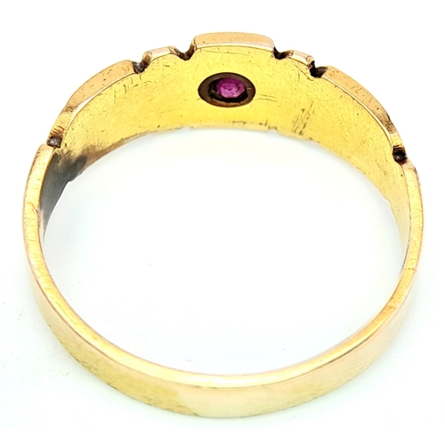 235 - AN ANTIQUE 15K YELLOW GOLD RUBY AND PEARL RING. 2.9G. SIZE O. HALLMARKED CHESTER EITHER 1851 0R 1896