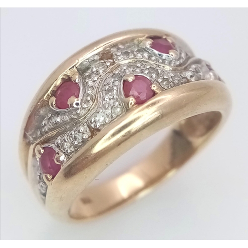 239 - A 9K Yellow Gold Diamond and Ruby Ring. Size N, 4.8g total weight. Ref: SC 7064