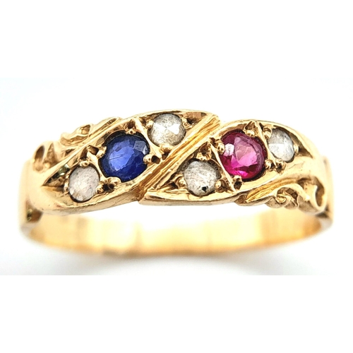 253 - A VINTAGE 14K YELLOW GOLD DIAMOND, RUBY & SAPPHIRE SET RING.  2.1G. SIZE M 1/2.