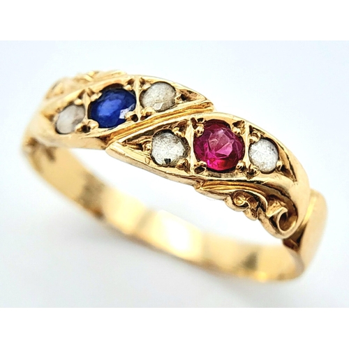 253 - A VINTAGE 14K YELLOW GOLD DIAMOND, RUBY & SAPPHIRE SET RING.  2.1G. SIZE M 1/2.