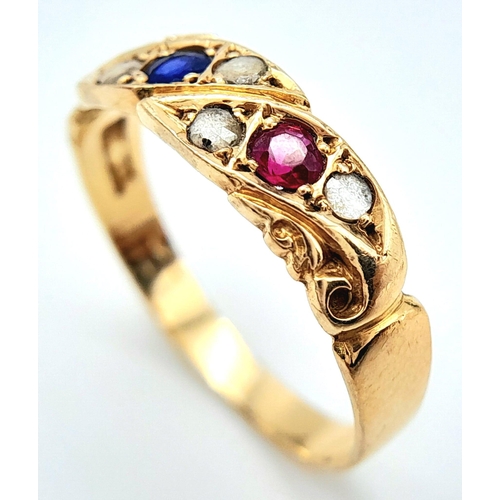 253 - A VINTAGE 14K YELLOW GOLD DIAMOND, RUBY & SAPPHIRE SET RING.  2.1G. SIZE M 1/2.
