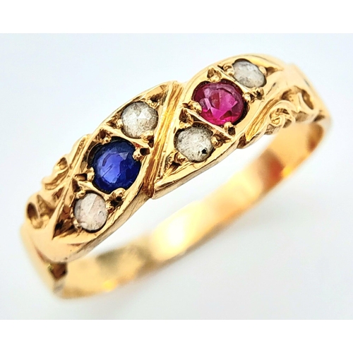 253 - A VINTAGE 14K YELLOW GOLD DIAMOND, RUBY & SAPPHIRE SET RING.  2.1G. SIZE M 1/2.