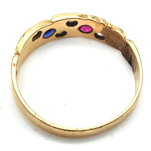 253 - A VINTAGE 14K YELLOW GOLD DIAMOND, RUBY & SAPPHIRE SET RING.  2.1G. SIZE M 1/2.