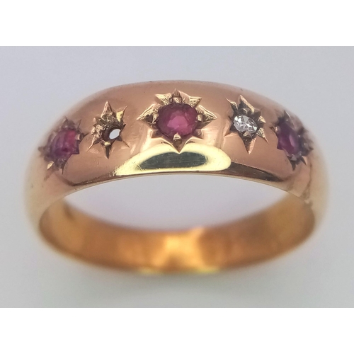 288 - A VINTAGE 18K YELLOW GOLD DIAMOND & RUBY 5 STONE RING (one stone missing). 2.3G. SIZE N.