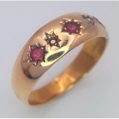 288 - A VINTAGE 18K YELLOW GOLD DIAMOND & RUBY 5 STONE RING (one stone missing). 2.3G. SIZE N.