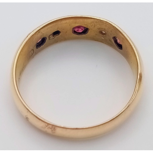 288 - A VINTAGE 18K YELLOW GOLD DIAMOND & RUBY 5 STONE RING (one stone missing). 2.3G. SIZE N.