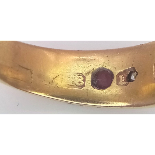 288 - A VINTAGE 18K YELLOW GOLD DIAMOND & RUBY 5 STONE RING (one stone missing). 2.3G. SIZE N.